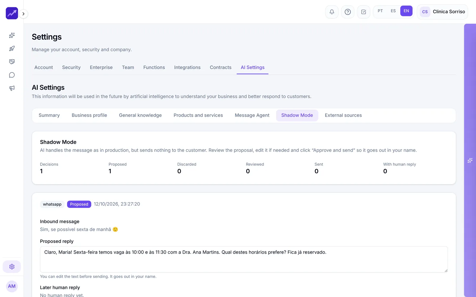 Shadow mode: the AI's proposed reply, waiting for review
