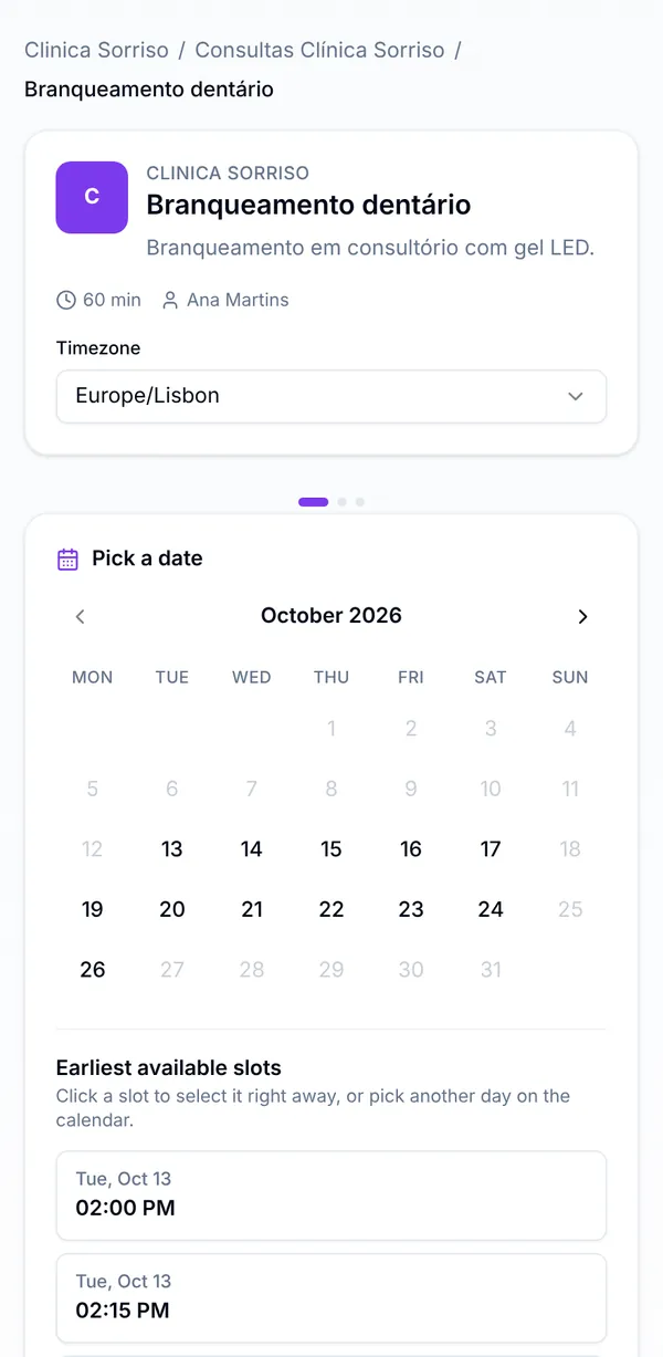 Public booking page on a phone