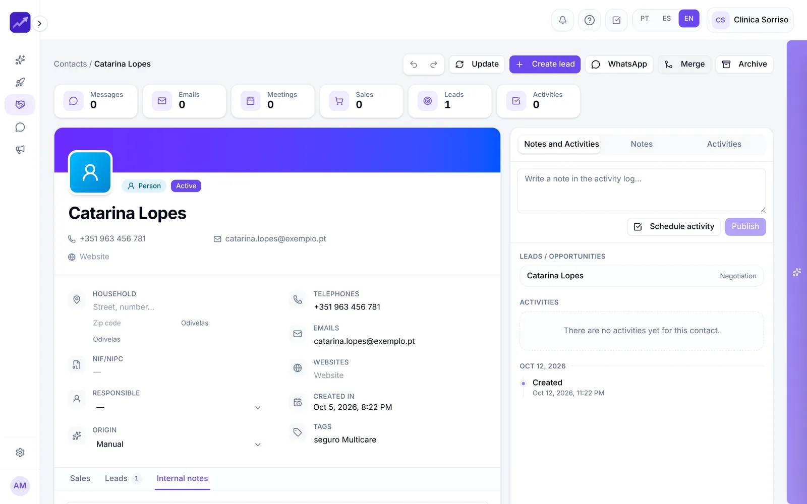 Contact record with activity, leads and contact details