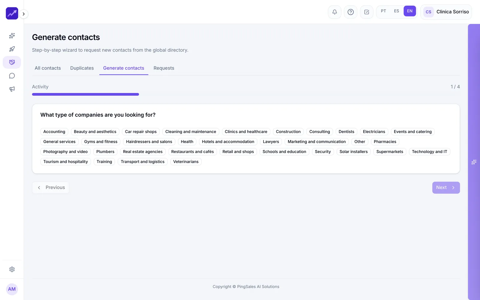 Generate contacts: a step-by-step wizard for choosing business activities