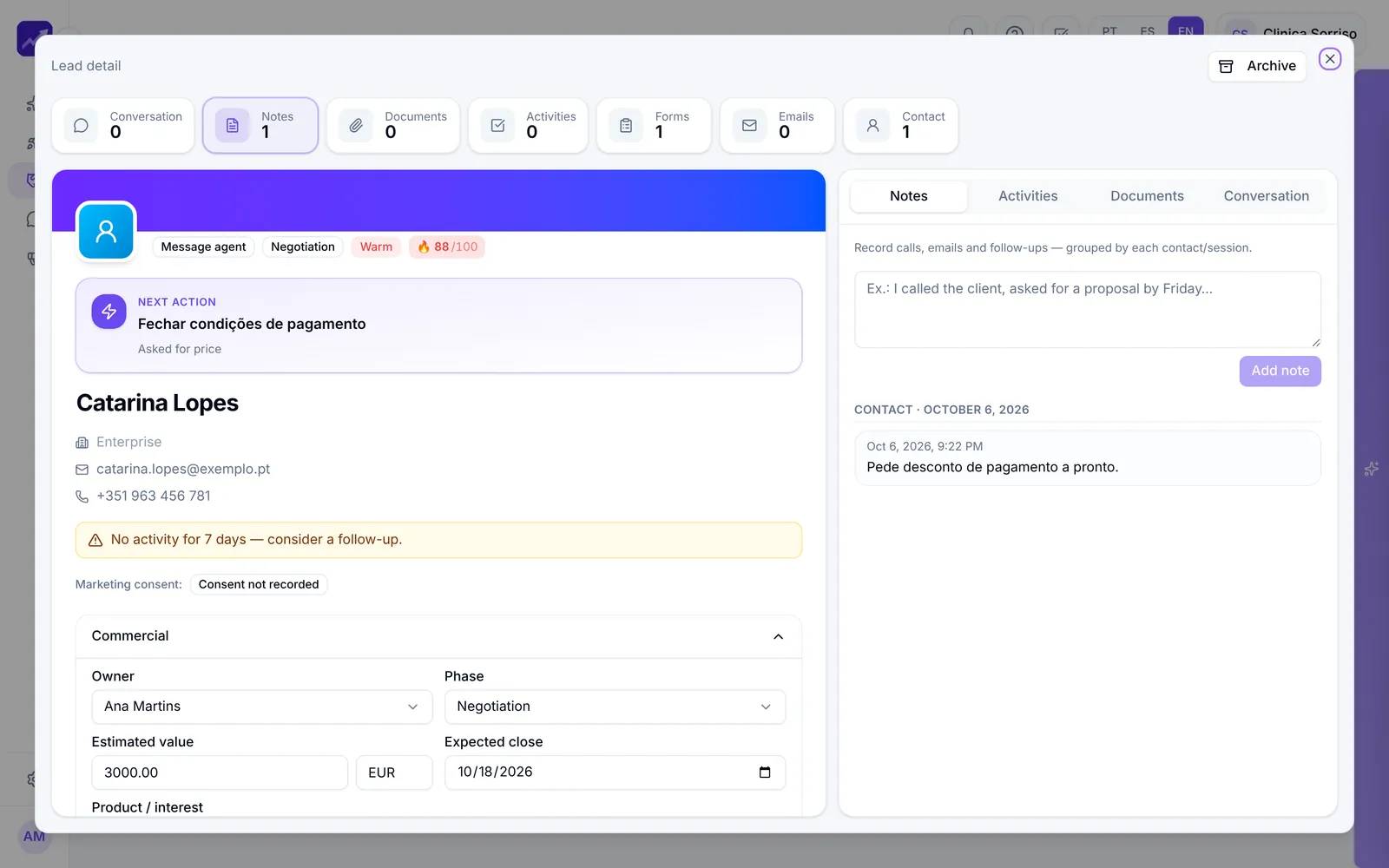 Lead detail with the suggested next action and sales data