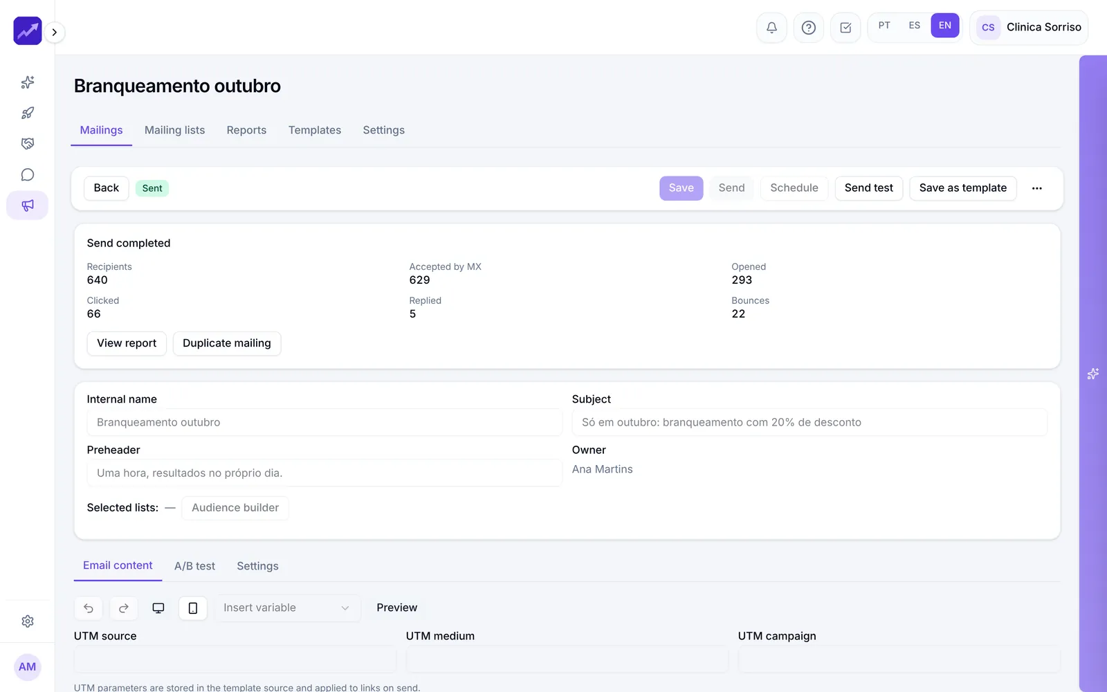 Results of a send: recipients, opens, clicks and replies
