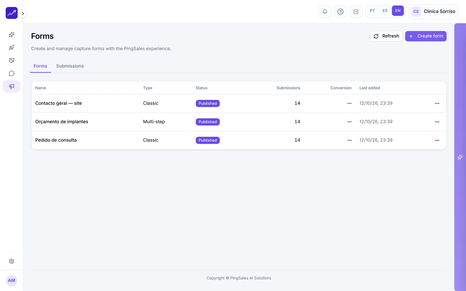 Form list with submissions
