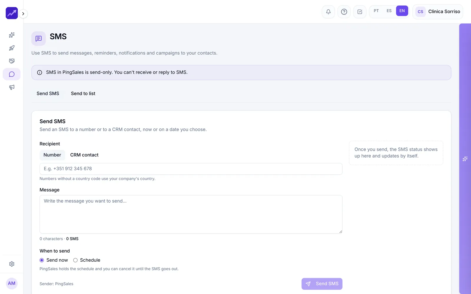Sending an SMS with recipient, message and scheduling