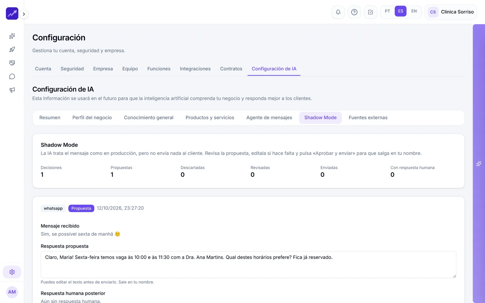 Modo Shadow: la respuesta propuesta por la IA, pendiente de revisión