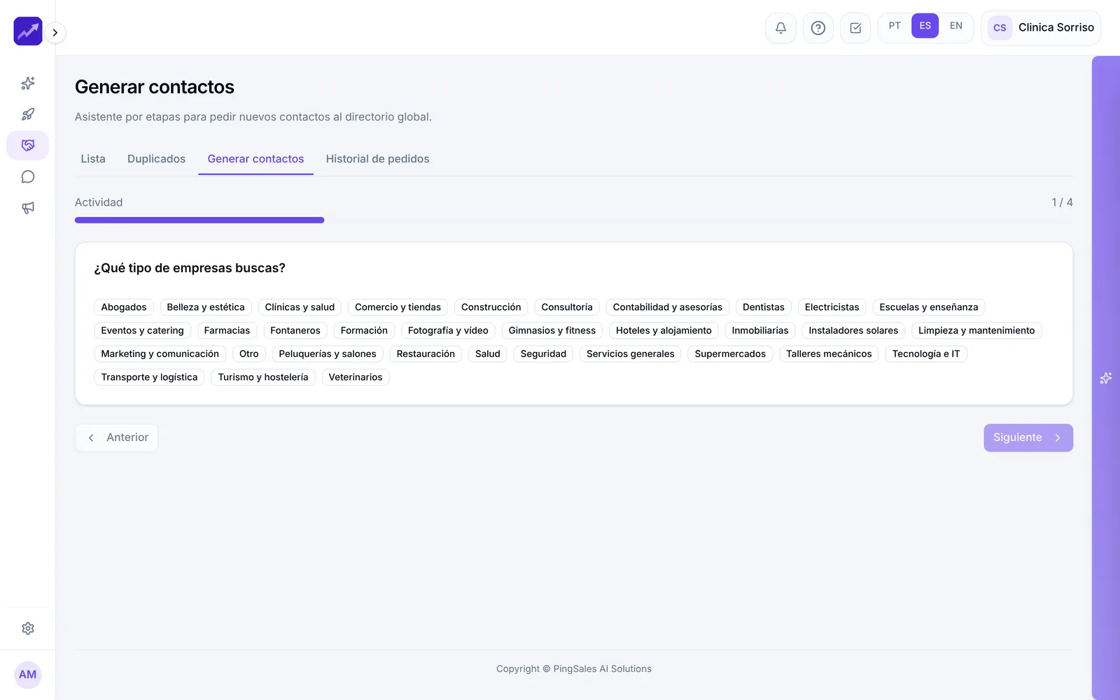 Generar contactos: asistente por pasos con las actividades para elegir