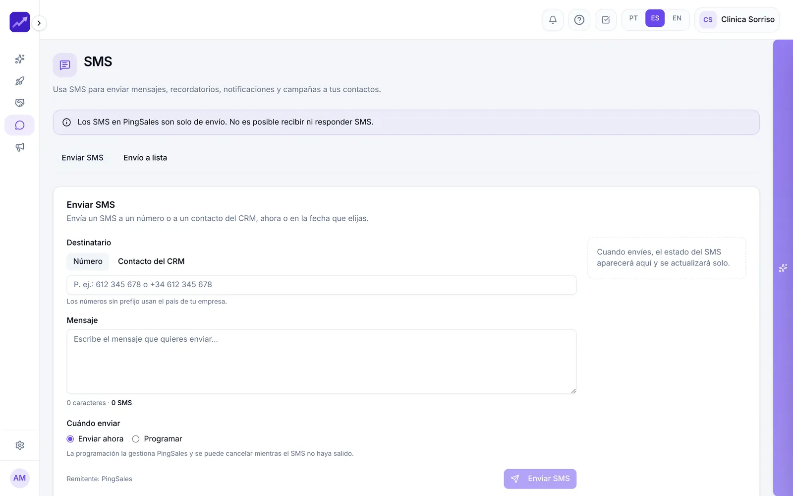 Envío de SMS con destinatario, mensaje y programación