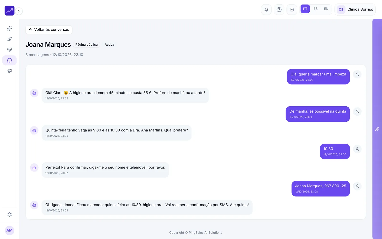 Conversa completa entre um visitante e o agente