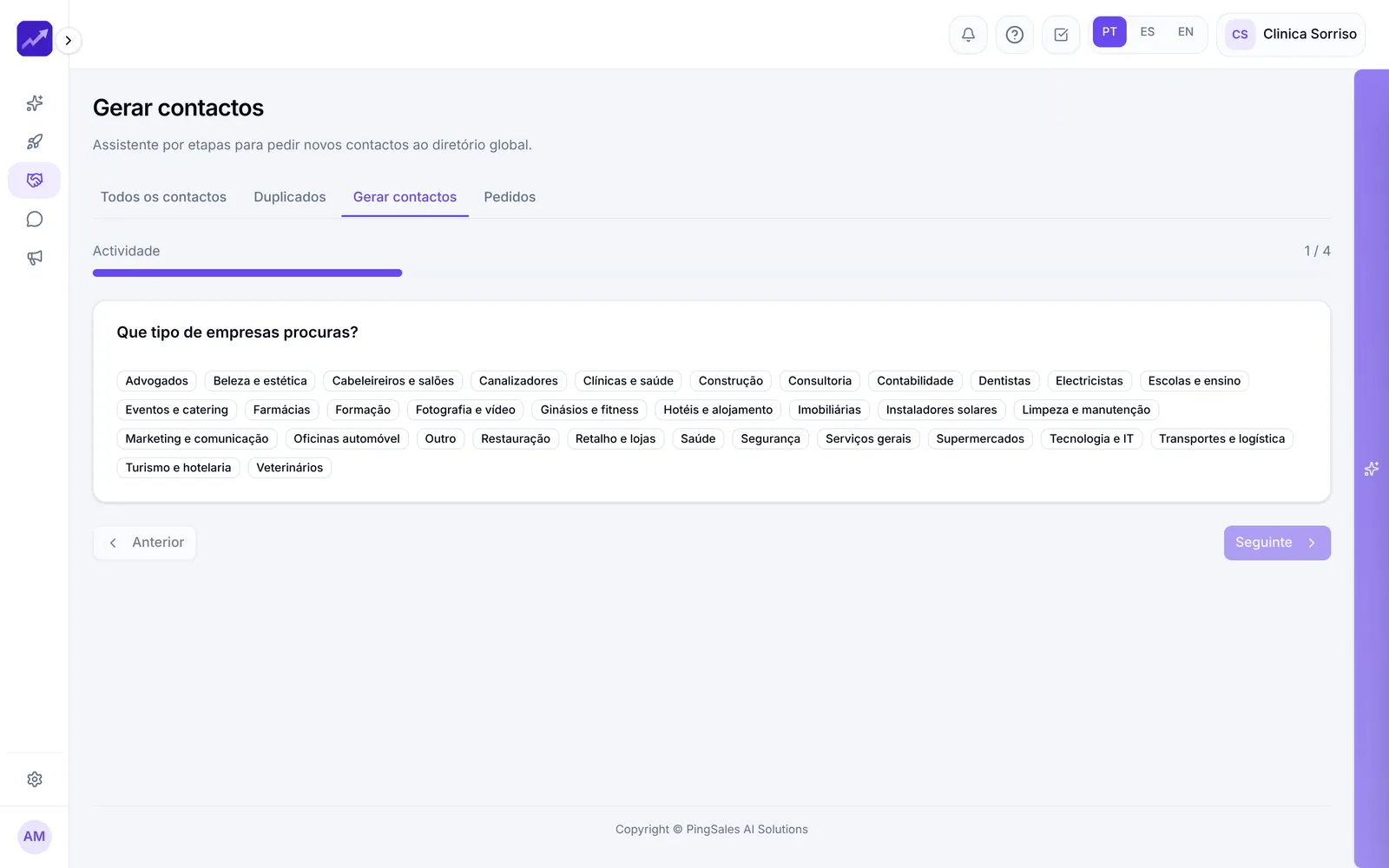 Gerar contactos: assistente por passos com as atividades a escolher