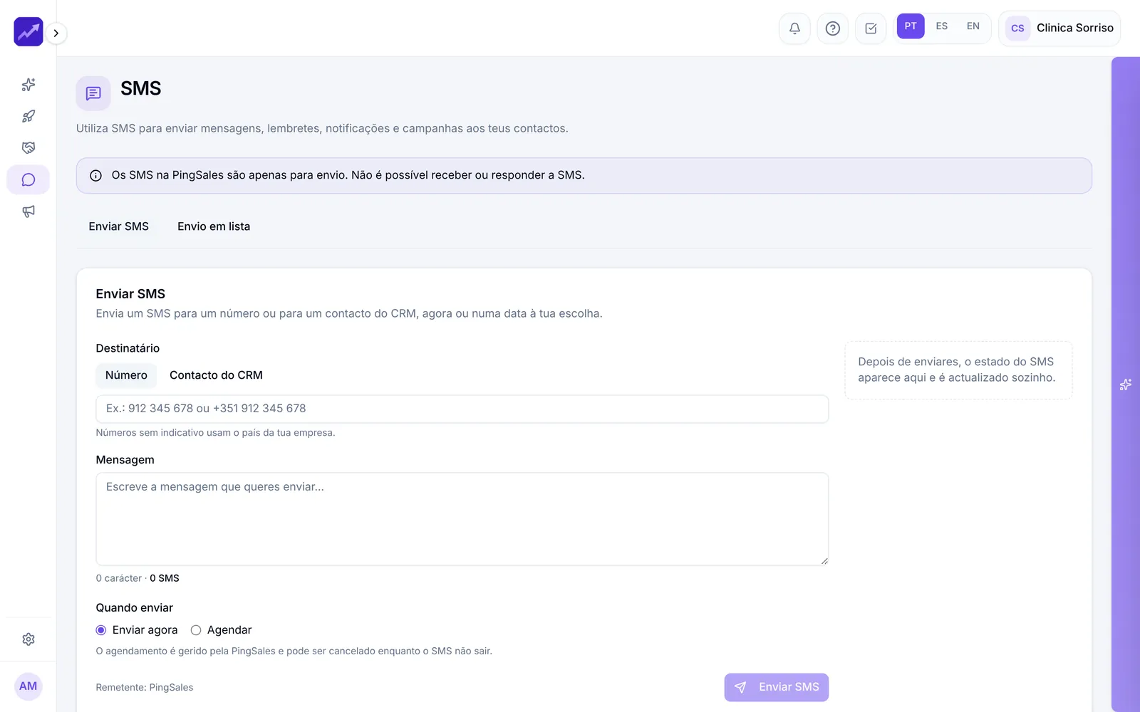 Envio de SMS com destinatário, mensagem e agendamento